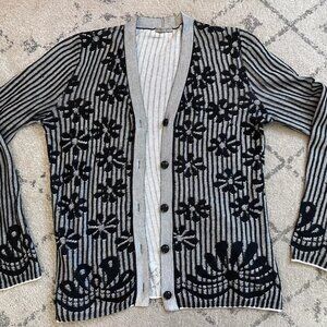 $1450 BOTTEGA VENETA Black Ivory Cotton Floral Striped Cardigan Sweater Sz42 US6